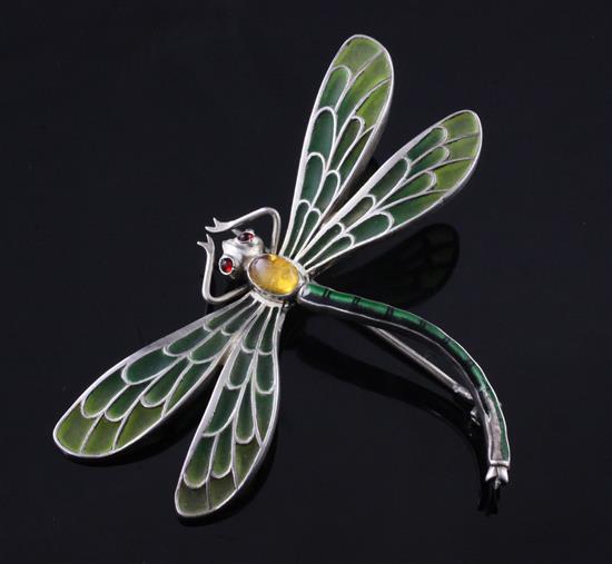 A silver, plique a jour enamel and opal set dragonfly brooch, width 2.5in.